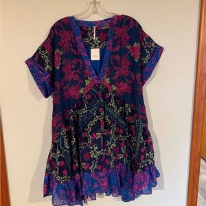 Free People Floral V-Neck Dress in Blue and Pink